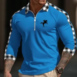 Best OUKU Men's Polo Shirt Quarter Zip Polo Daily Wear Vacation Lapel Long Sleeve Fashion Comfortable Plaid Color Block Embroidery Zip Up Spring & Fall Regular Fit White Yellow Navy Blue Blue Polo Shirt
