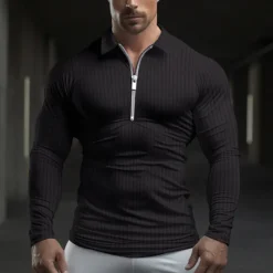 Hot OUKU Men's Polo Shirt Quarter Zip Polo Work Daily Wear Lapel Long Sleeve Fashion Comfortable Plain Vertical Stripes Zip Up Spring & Fall Regular Fit Light Blue Black White Light Green Pink Wine Polo Shirt