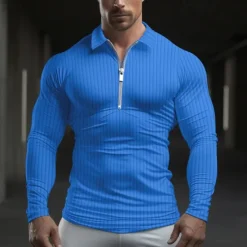 Hot OUKU Men's Polo Shirt Quarter Zip Polo Work Daily Wear Lapel Long Sleeve Fashion Comfortable Plain Vertical Stripes Zip Up Spring & Fall Regular Fit Light Blue Black White Light Green Pink Wine Polo Shirt