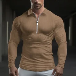 Hot OUKU Men's Polo Shirt Quarter Zip Polo Work Daily Wear Lapel Long Sleeve Fashion Comfortable Plain Vertical Stripes Zip Up Spring & Fall Regular Fit Light Blue Black White Light Green Pink Wine Polo Shirt