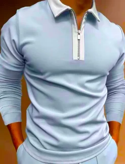 Best OUKU Men's Polo Shirt Quarter Zip Polo Work Casual Classic Collar Quarter Zip Long Sleeve Fashion Business Color Block Patchwork Zipper Winter Fall & Winter Regular Fit Wine Black Navy Blue Green Light