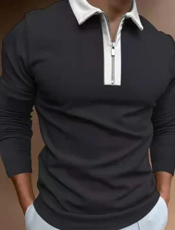 Best OUKU Men's Polo Shirt Quarter Zip Polo Work Casual Classic Collar Quarter Zip Long Sleeve Fashion Business Color Block Patchwork Zipper Winter Fall & Winter Regular Fit Wine Black Navy Blue Green Light