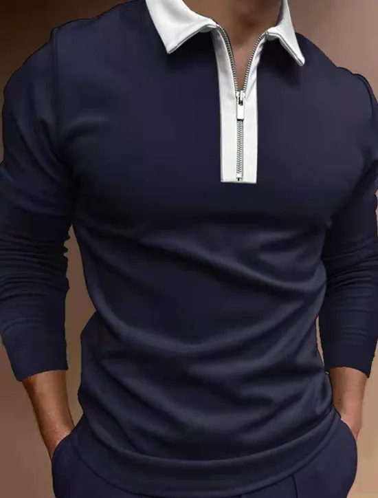 Best OUKU Men's Polo Shirt Quarter Zip Polo Work Casual Classic Collar Quarter Zip Long Sleeve Fashion Business Color Block Patchwork Zipper Winter Fall & Winter Regular Fit Wine Black Navy Blue Green Light