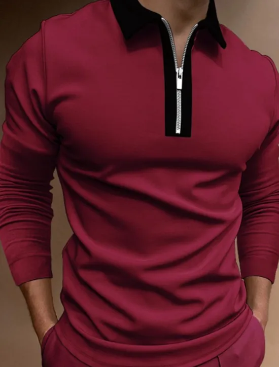 Best OUKU Men's Polo Shirt Quarter Zip Polo Work Casual Classic Collar Quarter Zip Long Sleeve Fashion Business Color Block Patchwork Zipper Winter Fall & Winter Regular Fit Wine Black Navy Blue Green Light