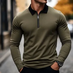 Discount OUKU Men's Polo Shirt Quarter Zip Polo Street Vacation Quarter Zip Long Sleeve Fashion Basic Solid Color Pocket Spring & Fall Regular Fit Black White Burgundy Navy Blue Khaki Army Green Polo Shirt