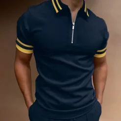 Hot OUKU Men's Polo Shirt Quarter Zip Polo Going out golf shirts Turndown Quarter Zip Short Sleeve Sports Designer Vintage Patchwork Zipper Spring & Summer Slim Black Navy Blue Dark Green Polo Shirt