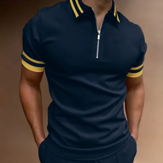 Hot OUKU Men's Polo Shirt Quarter Zip Polo Going out golf shirts Turndown Quarter Zip Short Sleeve Sports Designer Vintage Patchwork Zipper Spring & Summer Slim Black Navy Blue Dark Green Polo Shirt