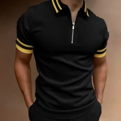 Hot OUKU Men's Polo Shirt Quarter Zip Polo Going out golf shirts Turndown Quarter Zip Short Sleeve Sports Designer Vintage Patchwork Zipper Spring & Summer Slim Black Navy Blue Dark Green Polo Shirt