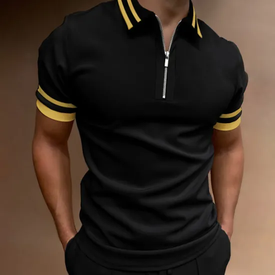 Hot OUKU Men's Polo Shirt Quarter Zip Polo Going out golf shirts Turndown Quarter Zip Short Sleeve Sports Designer Vintage Patchwork Zipper Spring & Summer Slim Black Navy Blue Dark Green Polo Shirt