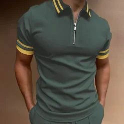 Hot OUKU Men's Polo Shirt Quarter Zip Polo Going out golf shirts Turndown Quarter Zip Short Sleeve Sports Designer Vintage Patchwork Zipper Spring & Summer Slim Black Navy Blue Dark Green Polo Shirt