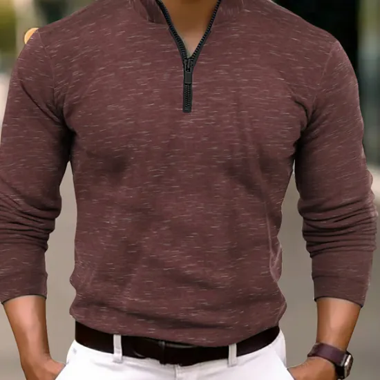 OUKU Men's Polo Shirt Quarter Zip Polo Work Daily Wear Quarter Zip Long Sleeve Fashion Comfortable Plain Zip Up Spring & Fall Regular Fit Wine Blue Orange Green Polo Shirt