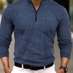 OUKU Men's Polo Shirt Quarter Zip Polo Work Daily Wear Quarter Zip Long Sleeve Fashion Comfortable Plain Zip Up Spring & Fall Regular Fit Wine Blue Orange Green Polo Shirt