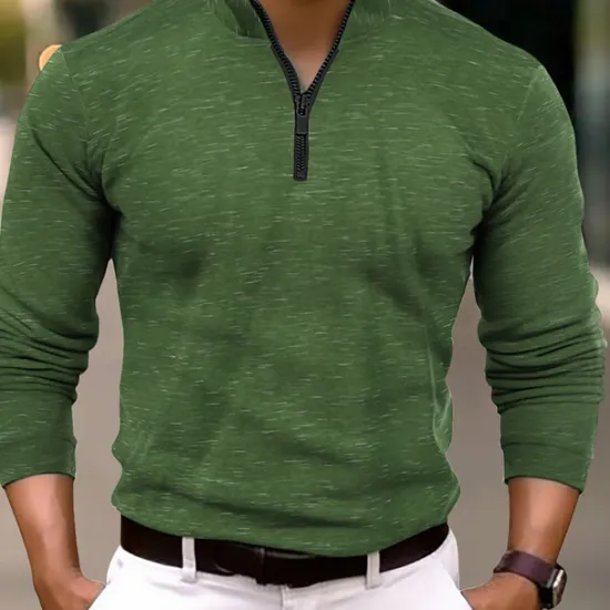OUKU Men's Polo Shirt Quarter Zip Polo Work Daily Wear Quarter Zip Long Sleeve Fashion Comfortable Plain Zip Up Spring & Fall Regular Fit Wine Blue Orange Green Polo Shirt