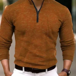 OUKU Men's Polo Shirt Quarter Zip Polo Work Daily Wear Quarter Zip Long Sleeve Fashion Comfortable Plain Zip Up Spring & Fall Regular Fit Wine Blue Orange Green Polo Shirt