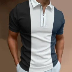 Sale OUKU Men's Polo Shirt Quarter Zip Polo Going out golf shirts Turndown Quarter Zip Short Sleeve Streetwear Designer Geometry Quarter Zip Spring & Summer Slim Wine Black-White Blue Brown Green Blue / White
