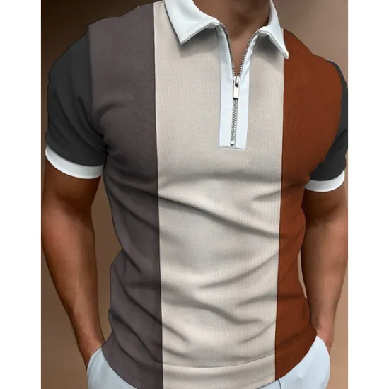 Sale OUKU Men's Polo Shirt Quarter Zip Polo Going out golf shirts Turndown Quarter Zip Short Sleeve Streetwear Designer Geometry Quarter Zip Spring & Summer Slim Wine Black-White Blue Brown Green Blue / White