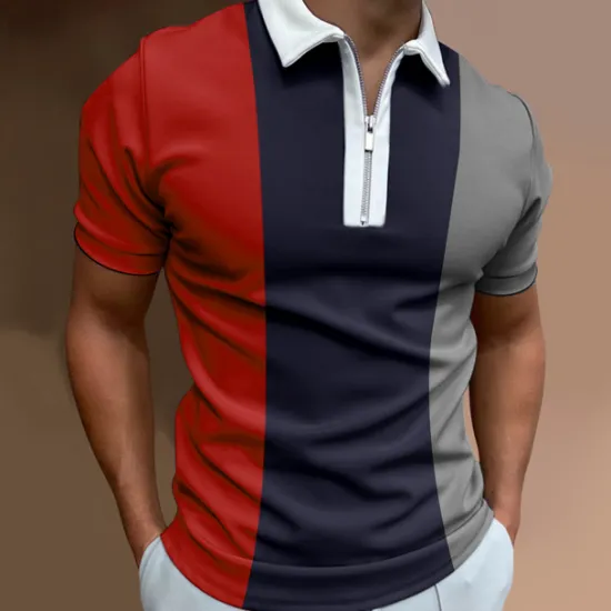Sale OUKU Men's Polo Shirt Quarter Zip Polo Going out golf shirts Turndown Quarter Zip Short Sleeve Streetwear Designer Geometry Quarter Zip Spring & Summer Slim Wine Black-White Blue Brown Green Blue / White
