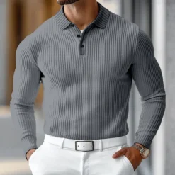 Outlet OUKU Men's Polo Shirt Rib Knit Top Business Casual Ribbed Polo Collar Long Sleeve Fashion Basic Solid Color Knitting Fall Winter Regular Fit Dark Grey Black White Burgundy Navy Blue Dark Green Polo Shirt