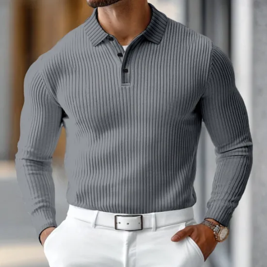 Outlet OUKU Men's Polo Shirt Rib Knit Top Business Casual Ribbed Polo Collar Long Sleeve Fashion Basic Solid Color Knitting Fall Winter Regular Fit Dark Grey Black White Burgundy Navy Blue Dark Green Polo Shirt