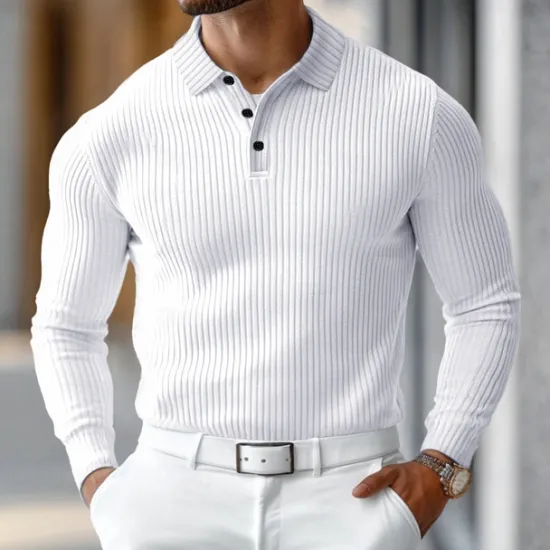Outlet OUKU Men's Polo Shirt Rib Knit Top Business Casual Ribbed Polo Collar Long Sleeve Fashion Basic Solid Color Knitting Fall Winter Regular Fit Dark Grey Black White Burgundy Navy Blue Dark Green Polo Shirt