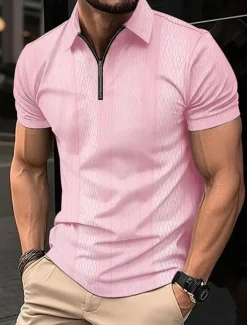 Online OUKU Men's Polo Shirt Work Street Turndown Short Sleeves Solid / Plain Color Basic Summer Loose Fit Black White Pink Light Brown khaki Polo Shirt