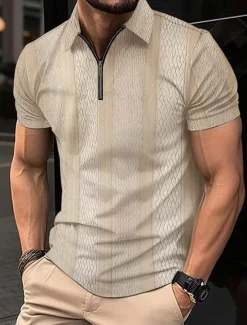 Online OUKU Men's Polo Shirt Work Street Turndown Short Sleeves Solid / Plain Color Basic Summer Loose Fit Black White Pink Light Brown khaki Polo Shirt