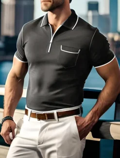 Clearance OUKU Men's Polo Shirt Zip Polo Outdoor Sports Lapel Quarter Zip Short Sleeve Fashion Modern Plain Zipper Front Pocket Summer Regular Fit Black Green Dark Blue Gray Polo Shirt