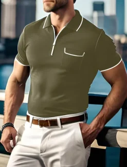 Clearance OUKU Men's Polo Shirt Zip Polo Outdoor Sports Lapel Quarter Zip Short Sleeve Fashion Modern Plain Zipper Front Pocket Summer Regular Fit Black Green Dark Blue Gray Polo Shirt