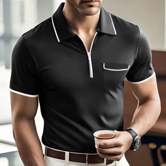 Sale OUKU Men's Polo Shirt Zip Polo Casual Holiday Lapel Quarter Zip Short Sleeve Fashion Basic Plain Quarter Zip Summer Regular Fit Black Dark Navy Orange Green Gray Polo Shirt