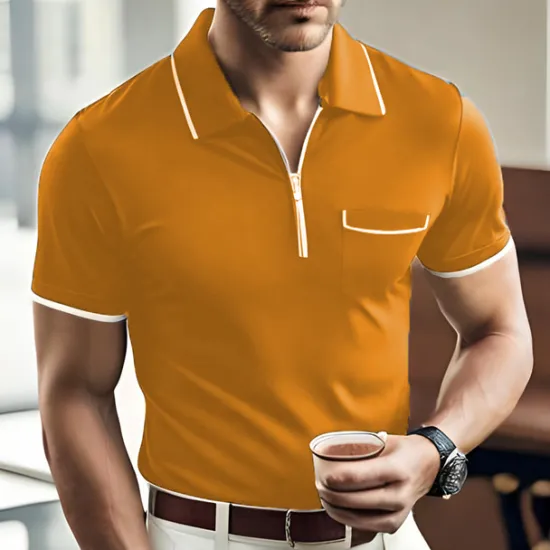 Sale OUKU Men's Polo Shirt Zip Polo Casual Holiday Lapel Quarter Zip Short Sleeve Fashion Basic Plain Quarter Zip Summer Regular Fit Black Dark Navy Orange Green Gray Polo Shirt