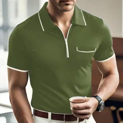 Sale OUKU Men's Polo Shirt Zip Polo Casual Holiday Lapel Quarter Zip Short Sleeve Fashion Basic Plain Quarter Zip Summer Regular Fit Black Dark Navy Orange Green Gray Polo Shirt