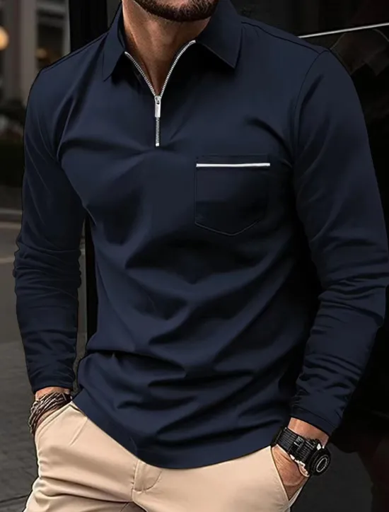 Clearance OUKU Men's Polo Shirt Zip Polo Outdoor Casual Lapel Quarter Zip Long Sleeve Fashion Basic Solid / Plain Color Quarter Zip Spring & Fall Regular Fit Black White Pink Wine Dark Navy Blue Polo Shirt