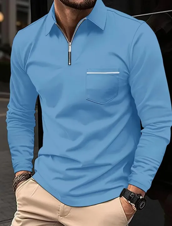 Clearance OUKU Men's Polo Shirt Zip Polo Outdoor Casual Lapel Quarter Zip Long Sleeve Fashion Basic Solid / Plain Color Quarter Zip Spring & Fall Regular Fit Black White Pink Wine Dark Navy Blue Polo Shirt