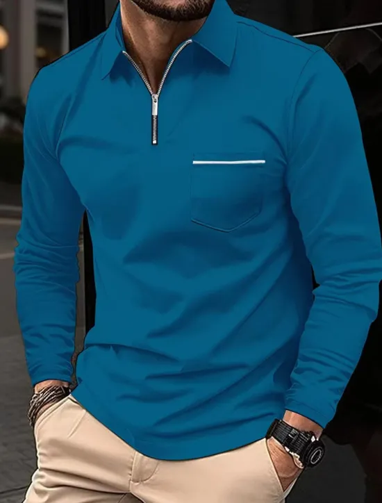 Clearance OUKU Men's Polo Shirt Zip Polo Outdoor Casual Lapel Quarter Zip Long Sleeve Fashion Basic Solid / Plain Color Quarter Zip Spring & Fall Regular Fit Black White Pink Wine Dark Navy Blue Polo Shirt