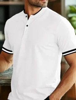 Outlet OUKU Men's Polo Shirts Collarless Golf Shirts Casual Stand Collar Short Sleeve Basic Comfortable Plain Buttons Summer Spring Regular Fit Black White Red Polo Shirts