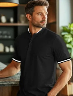 Outlet OUKU Men's Polo Shirts Collarless Golf Shirts Casual Stand Collar Short Sleeve Basic Comfortable Plain Buttons Summer Spring Regular Fit Black White Red Polo Shirts
