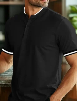 Outlet OUKU Men's Polo Shirts Collarless Golf Shirts Casual Stand Collar Short Sleeve Basic Comfortable Plain Buttons Summer Spring Regular Fit Black White Red Polo Shirts