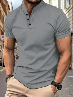 Discount OUKU Men's Polo Shirts Collarless Golf Shirts Casual Stand Collar Short Sleeve Basic Comfortable Plain Buttons Summer Spring Regular Fit Black White Navy Blue Gray Polo Shirts