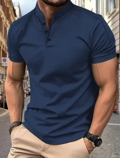 Discount OUKU Men's Polo Shirts Collarless Golf Shirts Casual Stand Collar Short Sleeve Basic Comfortable Plain Buttons Summer Spring Regular Fit Black White Navy Blue Gray Polo Shirts