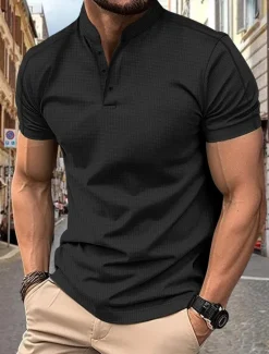Discount OUKU Men's Polo Shirts Collarless Golf Shirts Casual Stand Collar Short Sleeve Basic Comfortable Plain Buttons Summer Spring Regular Fit Black White Navy Blue Gray Polo Shirts