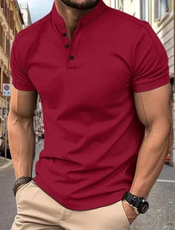 Discount OUKU Men's Polo Shirts Collarless Golf Shirts Casual Stand Collar Short Sleeve Basic Comfortable Plain Buttons Summer Spring Regular Fit Black White Navy Blue Gray Polo Shirts