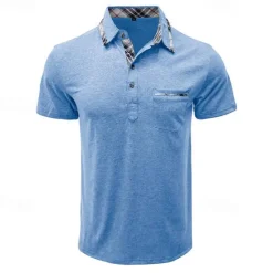 OUKU Men's Polo Shirts Golf Shirt Work Casual Lapel Ribbed Polo Collar Short Sleeve Basic Modern Color Block Patchwork Buttons Spring & Summer Regular Fit Light Blue Dark Gray Black Blue Green Khaki Polo