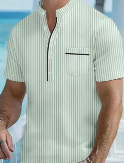 Hot OUKU Men's Polo Shirts Golf Shirt Outdoor Daily Wear Banded Collar Short Sleeve Fashion Hawaiian Stripe Pocket Summer Regular Fit Black Blue Sky Blue Green Apricot Polo Shirts