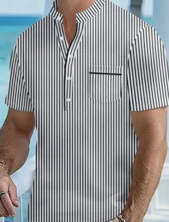 Hot OUKU Men's Polo Shirts Golf Shirt Outdoor Daily Wear Banded Collar Short Sleeve Fashion Hawaiian Stripe Pocket Summer Regular Fit Black Blue Sky Blue Green Apricot Polo Shirts