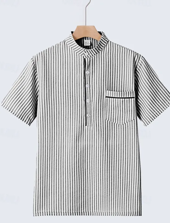 Hot OUKU Men's Polo Shirts Golf Shirt Outdoor Daily Wear Banded Collar Short Sleeve Fashion Hawaiian Stripe Pocket Summer Regular Fit Black Blue Sky Blue Green Apricot Polo Shirts
