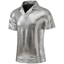 Hot OUKU Men's Polo Shirts Golf Shirt Club Cuban Collar Lapel Short Sleeve Casual Waves Novelty Button Front Spring & Summer Regular Fit Silver Black Gold Polo Shirts