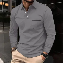 Hot OUKU Men's Polo Shirts Golf Shirt Casual Holiday Lapel Classic Long Sleeve Fashion Basic Plain Solid / Plain Color Buttons Summer Regular Fit claret Light Gray Dark-Gray Black White Pink Polo Shirts