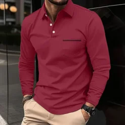 Hot OUKU Men's Polo Shirts Golf Shirt Casual Holiday Lapel Classic Long Sleeve Fashion Basic Plain Solid / Plain Color Buttons Summer Regular Fit claret Light Gray Dark-Gray Black White Pink Polo Shirts