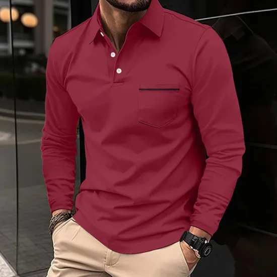 Hot OUKU Men's Polo Shirts Golf Shirt Casual Holiday Lapel Classic Long Sleeve Fashion Basic Plain Solid / Plain Color Buttons Summer Regular Fit claret Light Gray Dark-Gray Black White Pink Polo Shirts