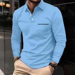Hot OUKU Men's Polo Shirts Golf Shirt Casual Holiday Lapel Classic Long Sleeve Fashion Basic Plain Solid / Plain Color Buttons Summer Regular Fit claret Light Gray Dark-Gray Black White Pink Polo Shirts